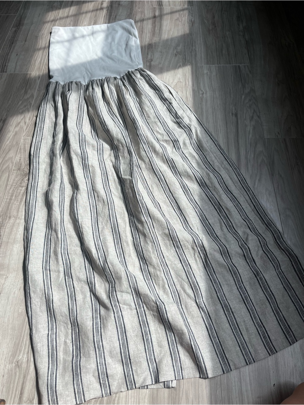 Strapless Maxi Dress in White and Beige Stripe